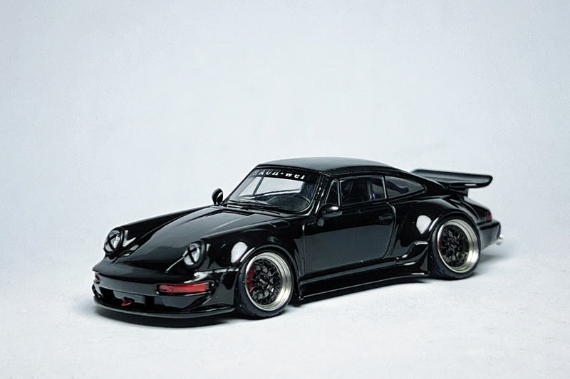 Flame Porsche RWB 964 Ducktail 1:64 Black Bird Custom Diecast with Deep-Dish Bearing Wheels