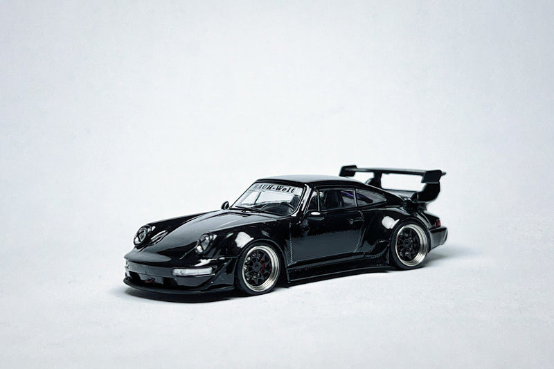 Flame Porsche RWB 964 High Wing 1:64 Black Bird Custom Diecast with Deep-Dish Bearing Wheels