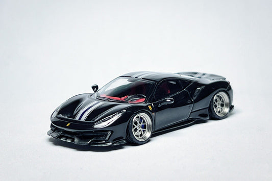 1:64 scale Fulme Ferrari 488 Pista black custom diecast with deep-dish bearing wheels