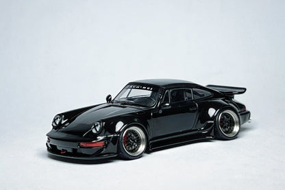 1:64 scale Flame Porsche RWB 964 Ducktail Black Bird custom diecast with deep-dish bearing wheels