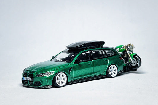 MINI GT BMW M3 Touring 764 1:64 Isle of Man Green Custom Diecast with Roof Cargo Box & Motorcycle