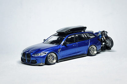 1:64 scale MINI GT BMW M3 Touring 1090 custom diecast with deep-dish wheels and roof cargo box