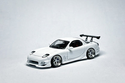 1:64 scale Mortal Mazda RX-7 VeilSide pearl white custom diecast with deep-dish bearing wheels