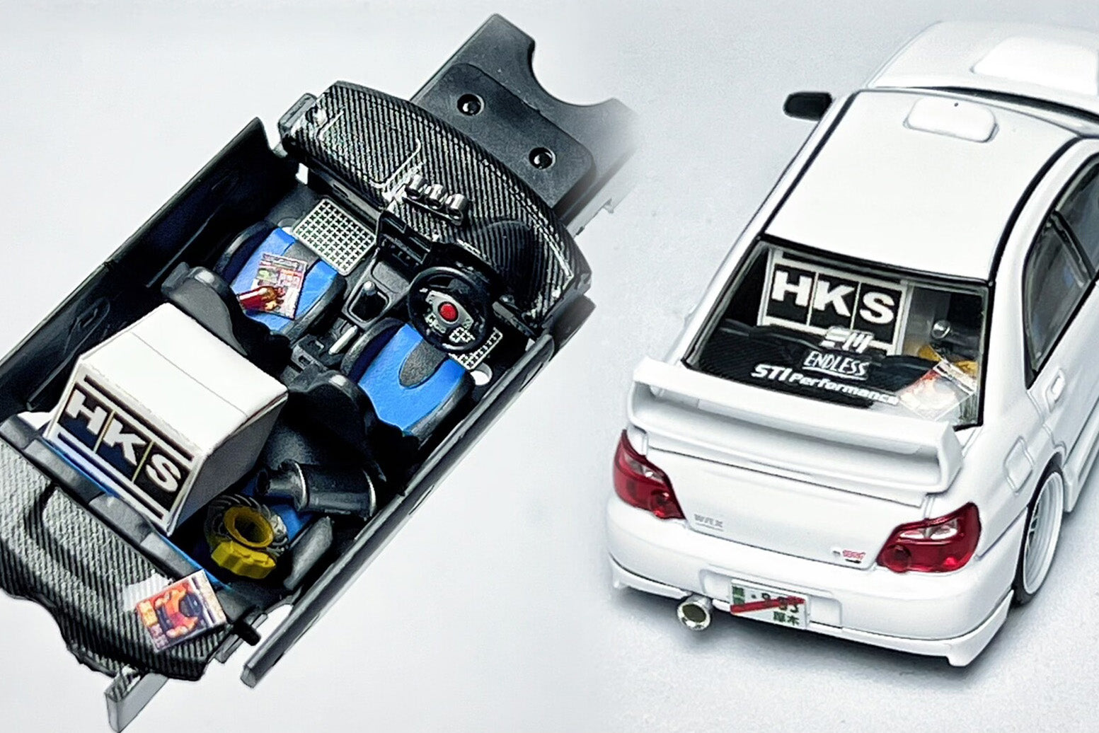 1:64 Subaru Impreza WRX STI white custom diecast with HKS and ENDLESS livery