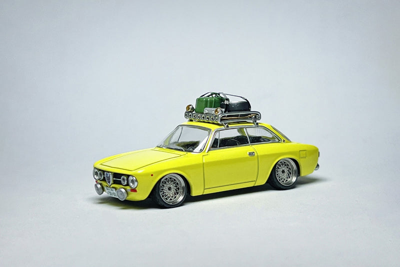 TLV 155c Alfa Romeo 1:64 Yellow Custom Rally Diecast with Deep-Dish Bearing Wheels & Roof Rack