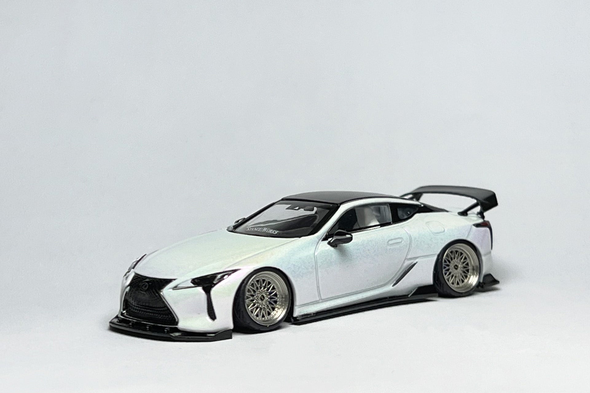 1:64 scale AR Box Lexus LC500 pearl white custom diecast with ART kit and deep-dish bearing wheels
