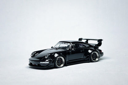 1:64 scale Flame Porsche RWB 964 High Wing Black Bird custom diecast with deep-dish bearing wheels