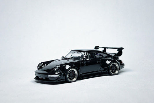 1:64 scale Flame Porsche RWB 964 High Wing Black Bird custom diecast with deep-dish bearing wheels