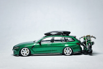 MINI GT BMW M3 Touring 764 1:64 Isle of Man Green Custom Diecast with Roof Cargo Box & Motorcycle