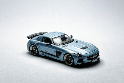 Custom 1:64 Mercedes-Benz SLS AMG Black Series matte ice blue diecast model with visible text markings