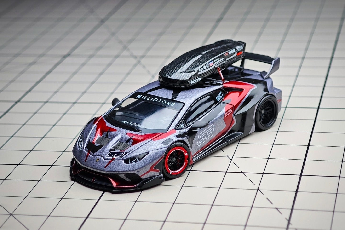 1:64 Lamborghini Huracán LBWK RONIN diecast model with MILLIOTONE and MFORCE decals