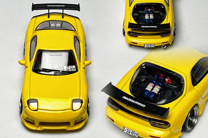 Custom 1:64 Mazda RX-7 VeilSide yellow diecast model with MAZDASPEED livery