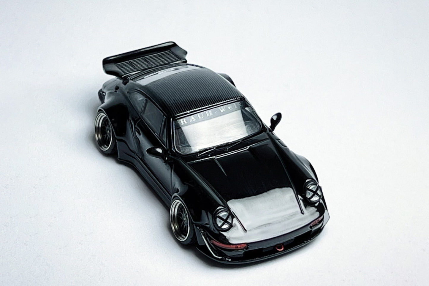 Custom 1:64 Flame Porsche RWB 964 Ducktail Black Bird diecast model
