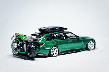 MINI GT BMW M3 Touring 764 1:64 Isle of Man Green Custom Diecast with Roof Cargo Box & Motorcycle