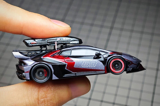 1:64 scale MINI GT Lamborghini Huracán LBWK RONIN custom diecast with dynamic wheels and roof cargo box