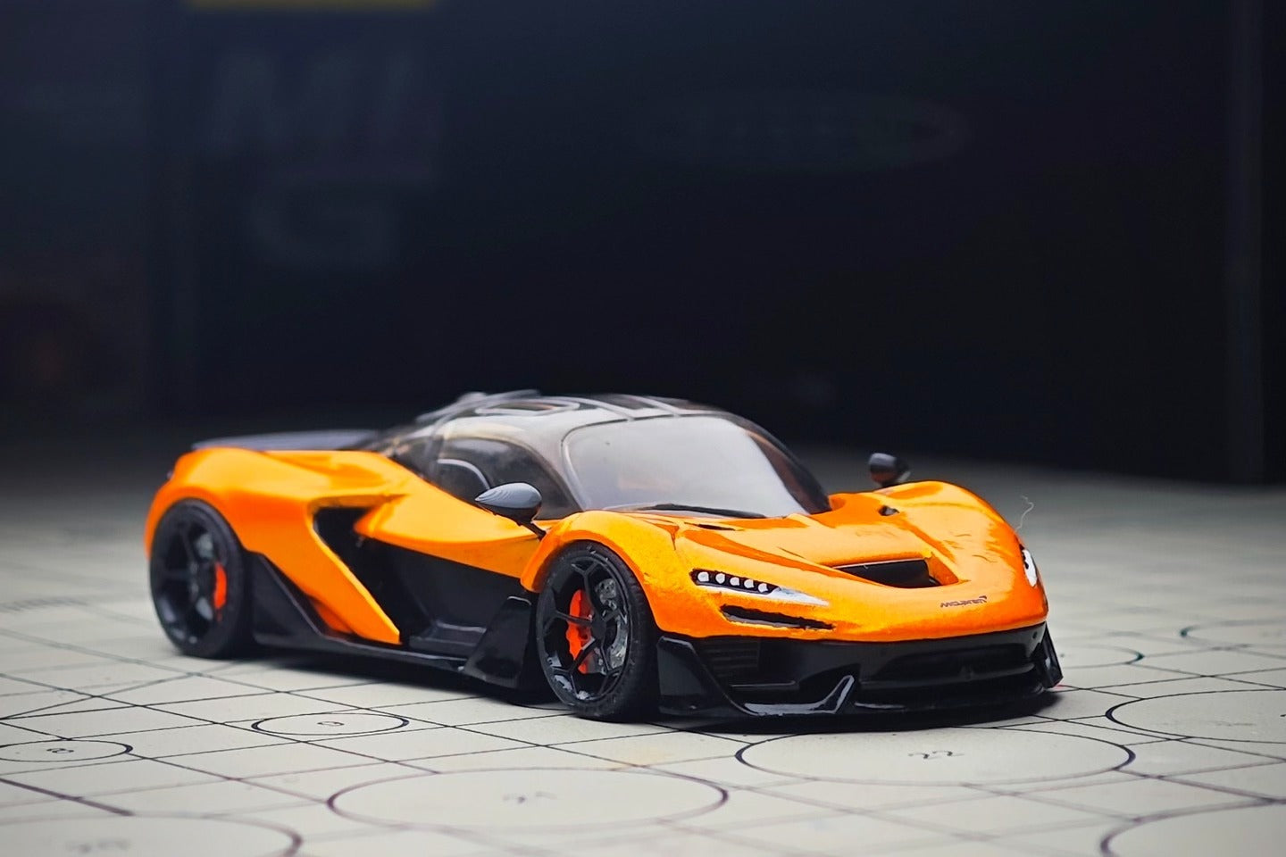 Wheel and rim detail on custom 1:64 McLaren W1 diecast model with dynamic bearing wheels