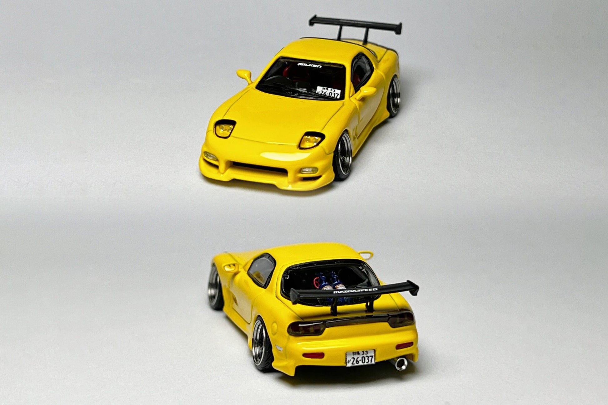 1:64 Mazda RX-7 VeilSide yellow custom diecast with race number markings