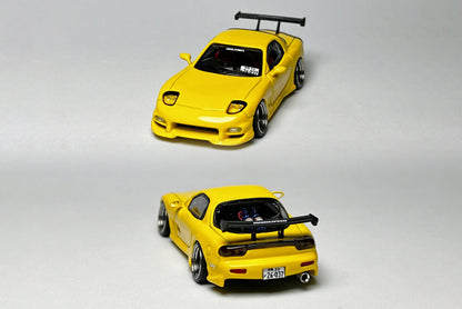 1:64 Mazda RX-7 VeilSide yellow custom diecast with race number markings