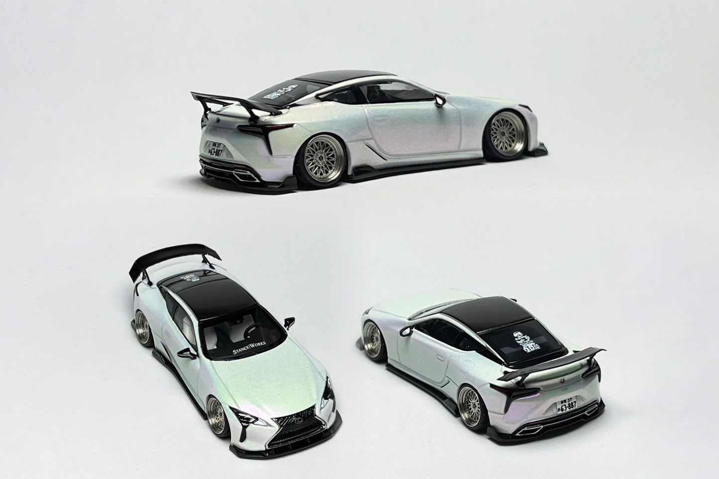 Custom 1:64 Lexus LC500 pearl white diecast model with StanceWorks decals