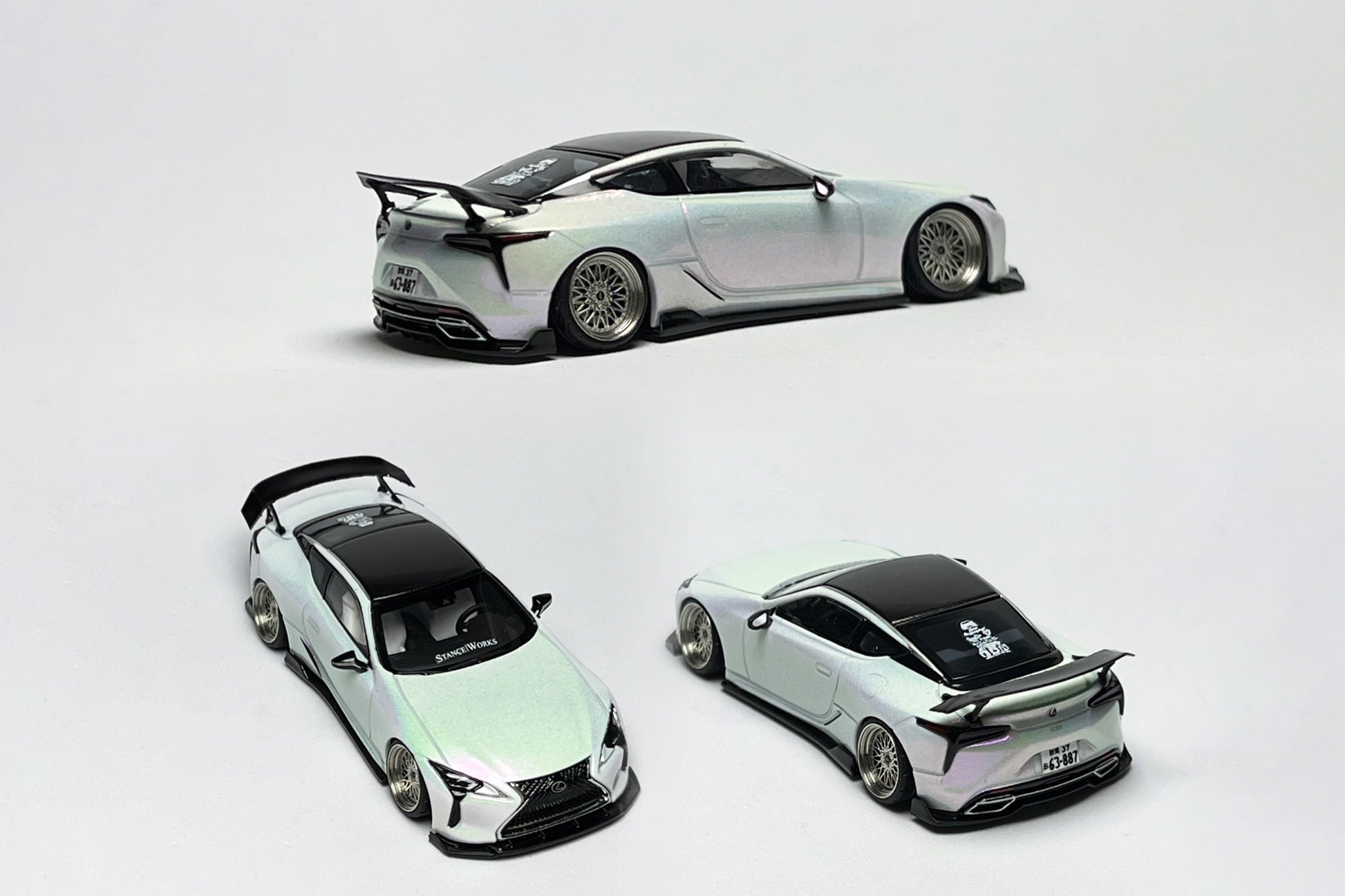 Custom 1:64 Lexus LC500 pearl white diecast model with StanceWorks decals