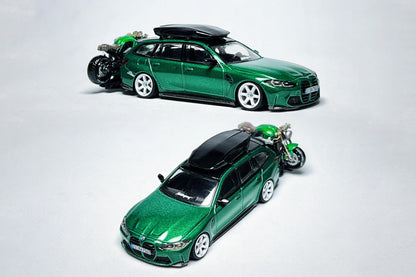 MINI GT BMW M3 Touring 764 1:64 Isle of Man Green Custom Diecast with Roof Cargo Box & Motorcycle