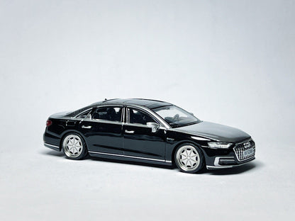 Custom 1:64 Audi A8 L Horch black and silver diecast model with deep-dish bearing wheels
