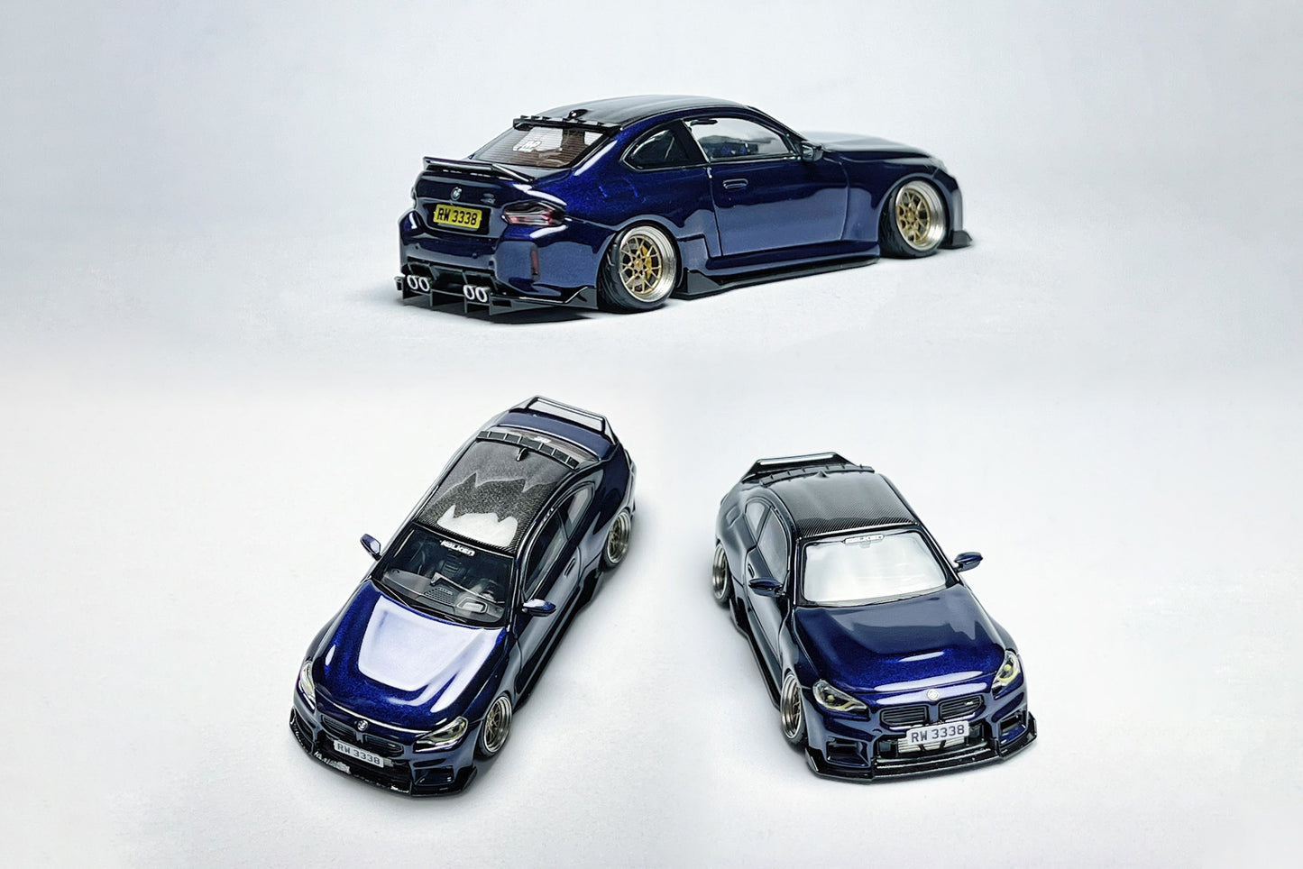 Custom 1:64 BMW M2 G87 Tanzanite Blue diecast model with KJ Model ADRO ducktail