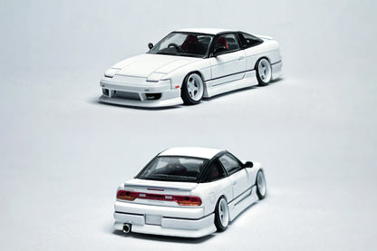Custom 1:64 Nissan 180SX white diecast model with HSY kit and deep-dish bearing wheels