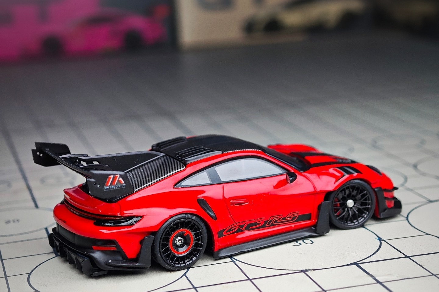 Wheel and rim detail on custom 1:64 Porsche 911 GT3 RS 1060 Manthey Racing diecast model