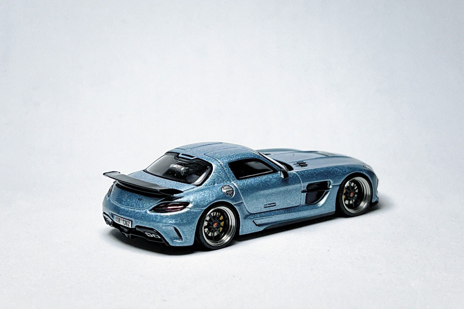 Custom 1:64 Mercedes-Benz SLS AMG Black Series matte ice blue diecast model with visible markings