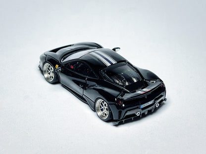 Wheel and rim detail on custom 1:64 Ferrari 488 Pista black diecast with deep-dish bearing wheels