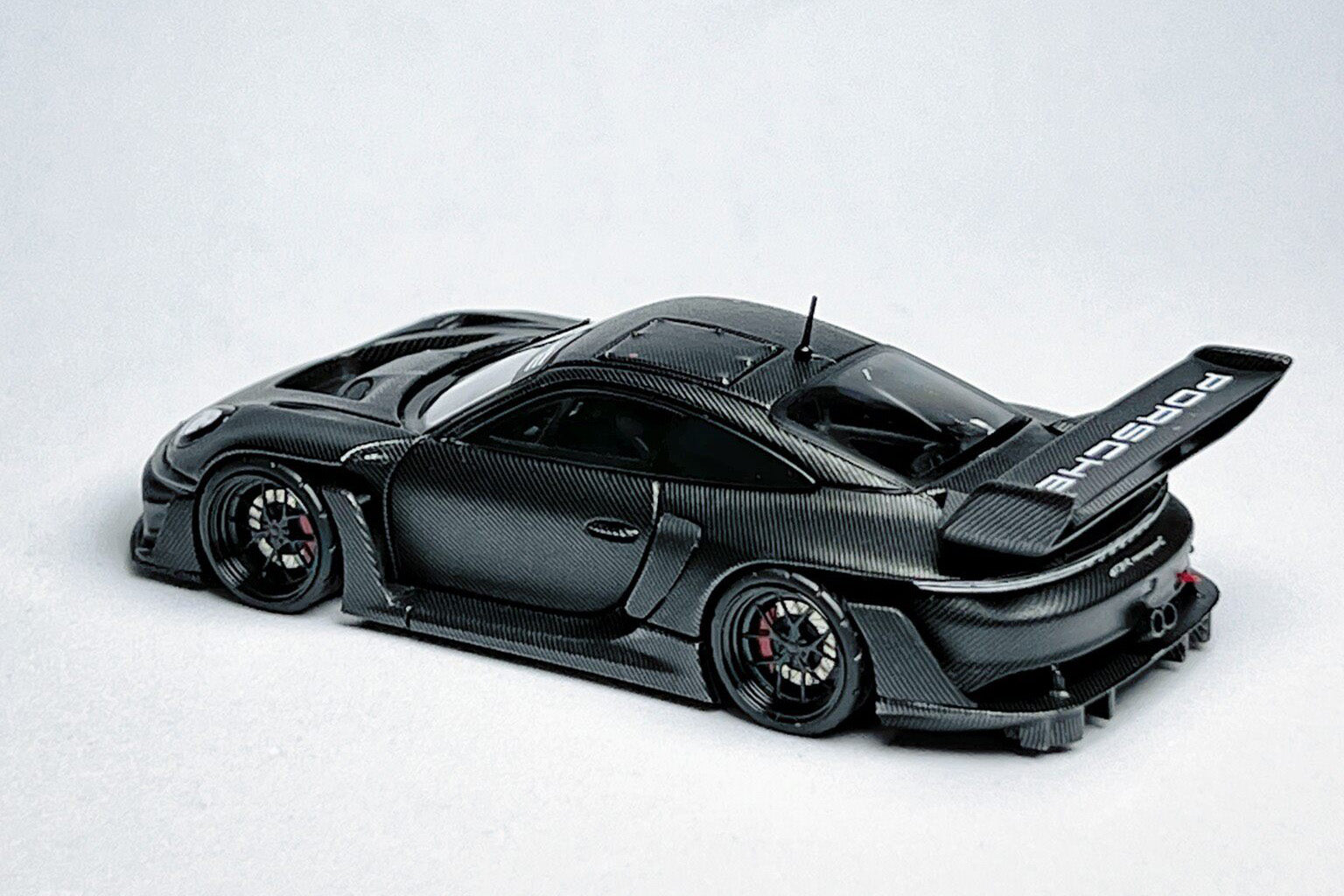 1:64 Porsche 911 992 GT3 R Rennsport full carbon black custom diecast with visible decal markings