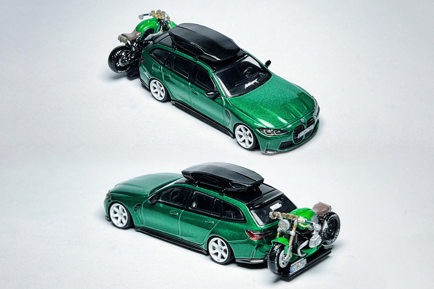 MINI GT BMW M3 Touring 764 1:64 Isle of Man Green Custom Diecast with Roof Cargo Box & Motorcycle