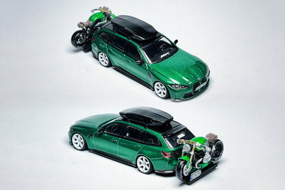 MINI GT BMW M3 Touring 764 1:64 Isle of Man Green Custom Diecast with Roof Cargo Box & Motorcycle