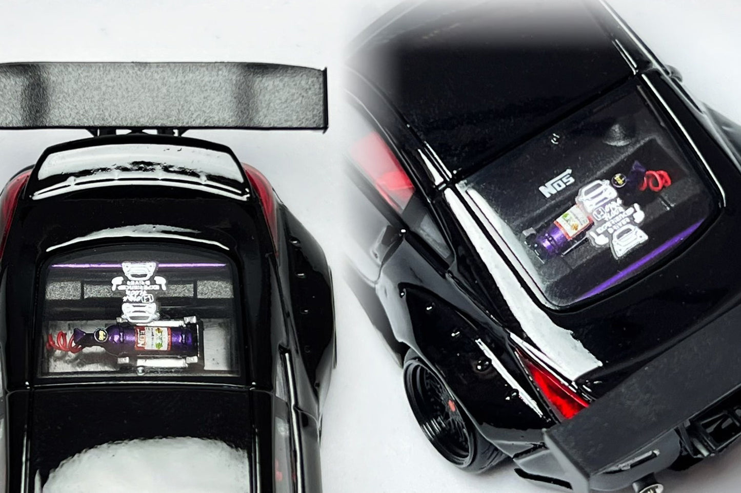 Interior and dashboard detail on 1:64 Nissan 350Z black widebody custom diecast Demon Lady Z