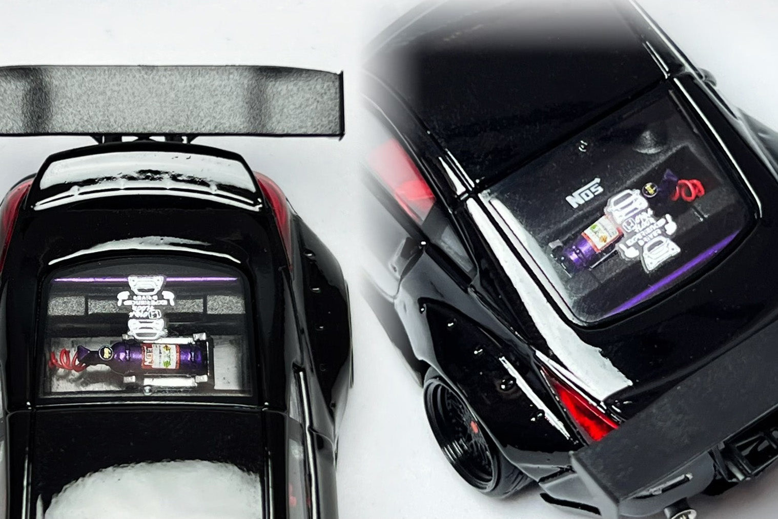 Interior and dashboard detail on 1:64 Nissan 350Z black widebody custom diecast Demon Lady Z