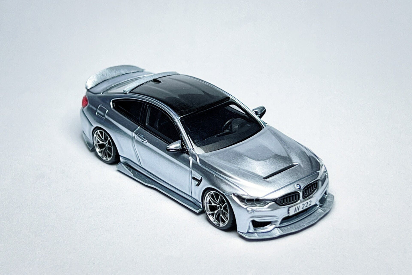 1:64 BMW F82 M4 CS Silverstone Blue custom diecast with KJ Model Streetstyle ducktail kit