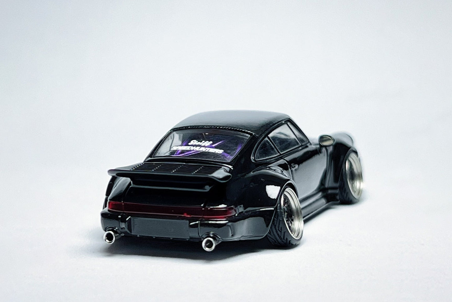 1:64 Porsche RWB 964 Ducktail Black Bird custom diecast with deep-dish bearing wheels