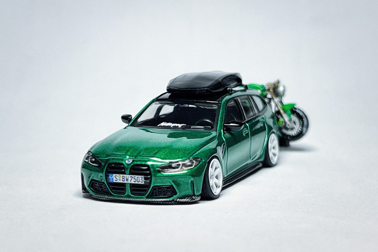 MINI GT BMW M3 Touring 764 1:64 Isle of Man Green Custom Diecast with Roof Cargo Box & Motorcycle
