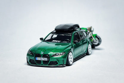 MINI GT BMW M3 Touring 764 1:64 Isle of Man Green Custom Diecast with Roof Cargo Box & Motorcycle
