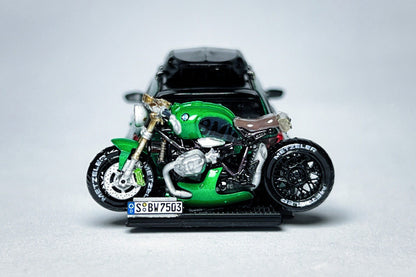 MINI GT BMW M3 Touring 764 1:64 Isle of Man Green Custom Diecast with Roof Cargo Box & Motorcycle