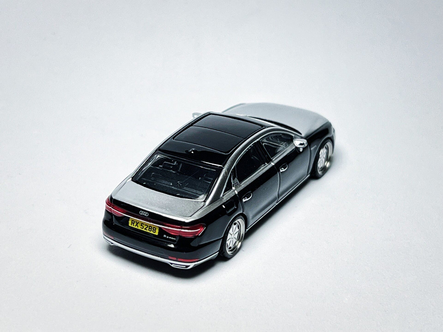 1:64 Audi A8 L Horch black and silver custom diecast with visible license plate