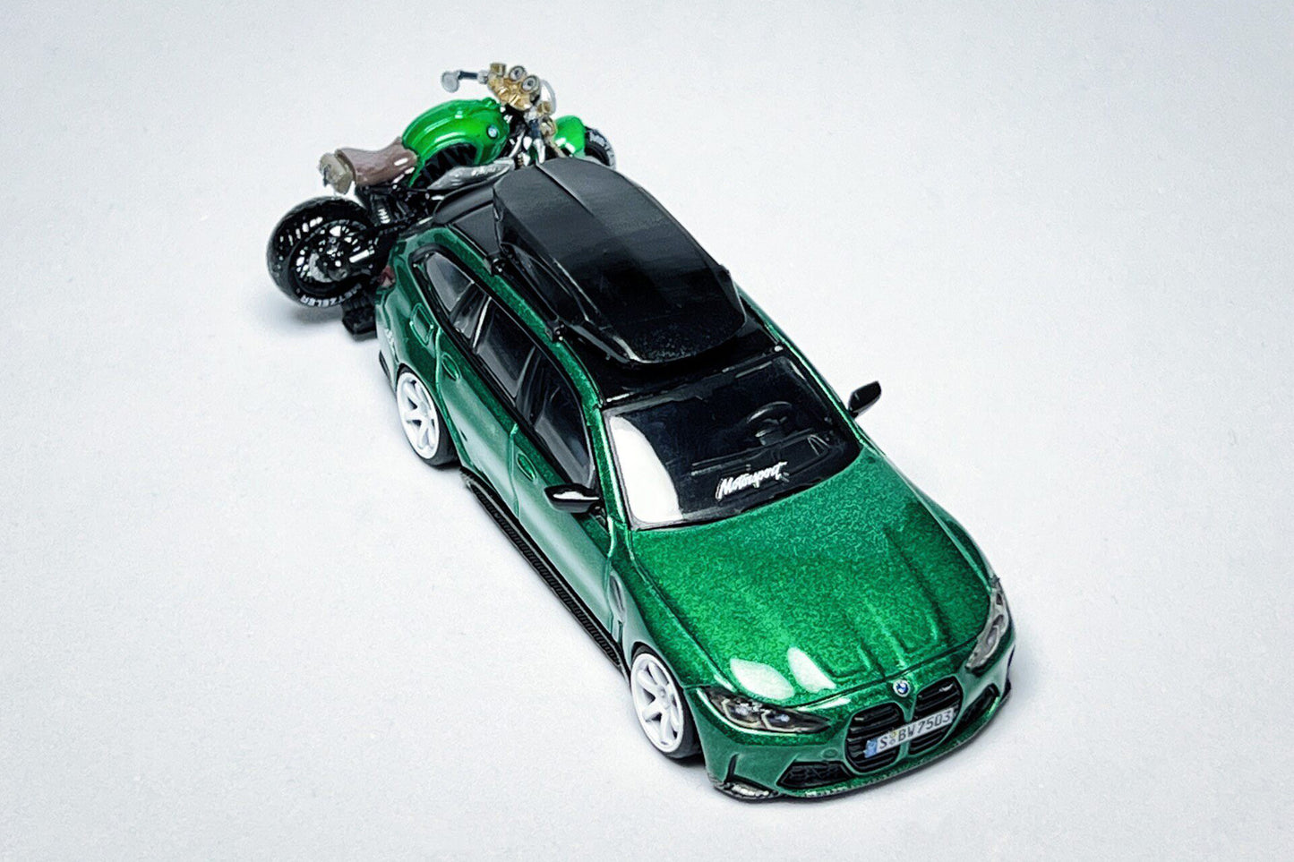 MINI GT BMW M3 Touring 764 1:64 Isle of Man Green Custom Diecast with Roof Cargo Box & Motorcycle