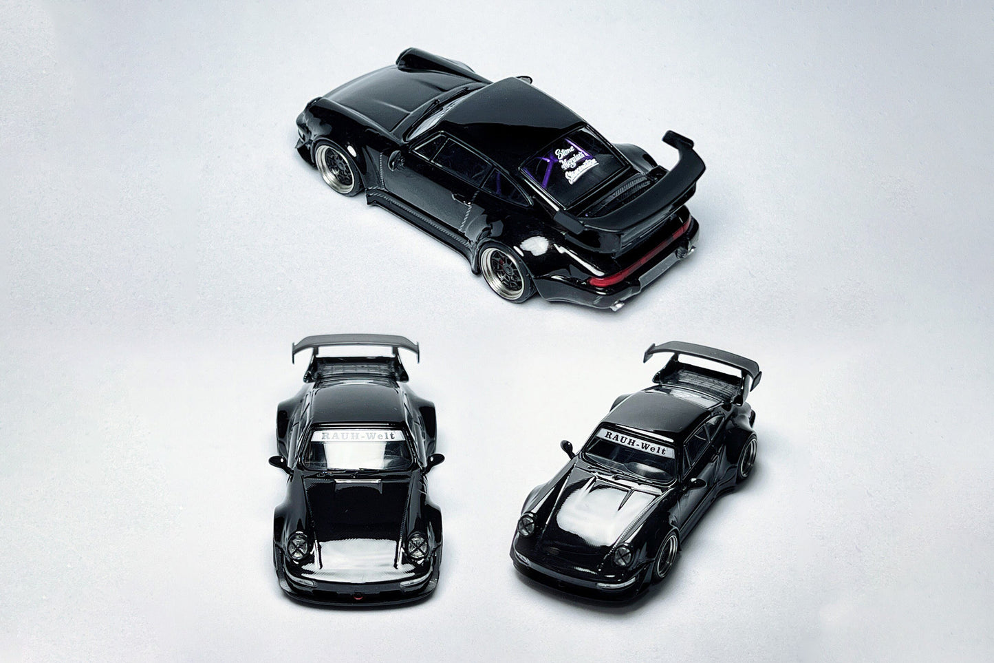 Custom 1:64 Porsche RWB 964 High Wing Black Bird diecast model