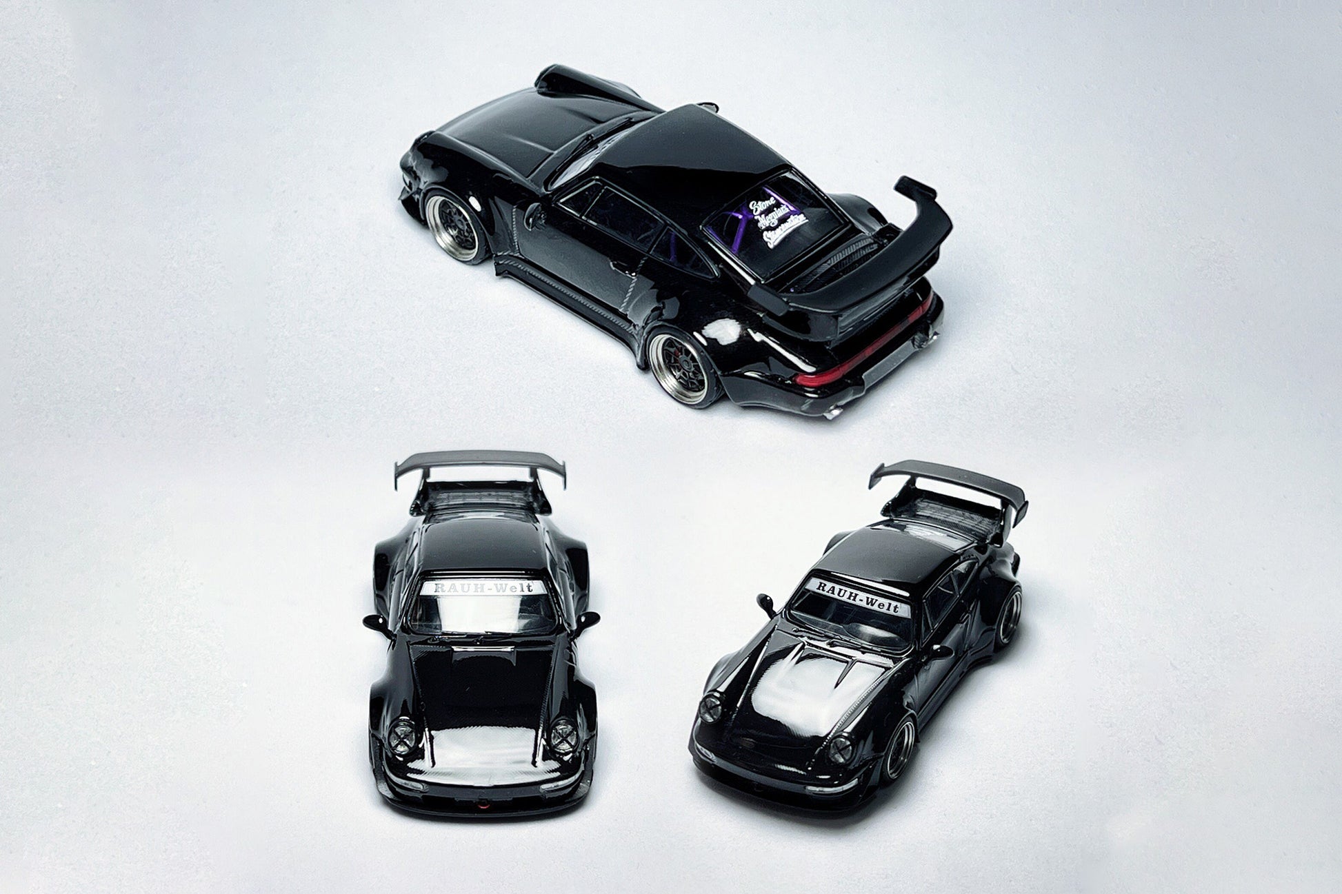 Custom 1:64 Porsche RWB 964 High Wing Black Bird diecast model