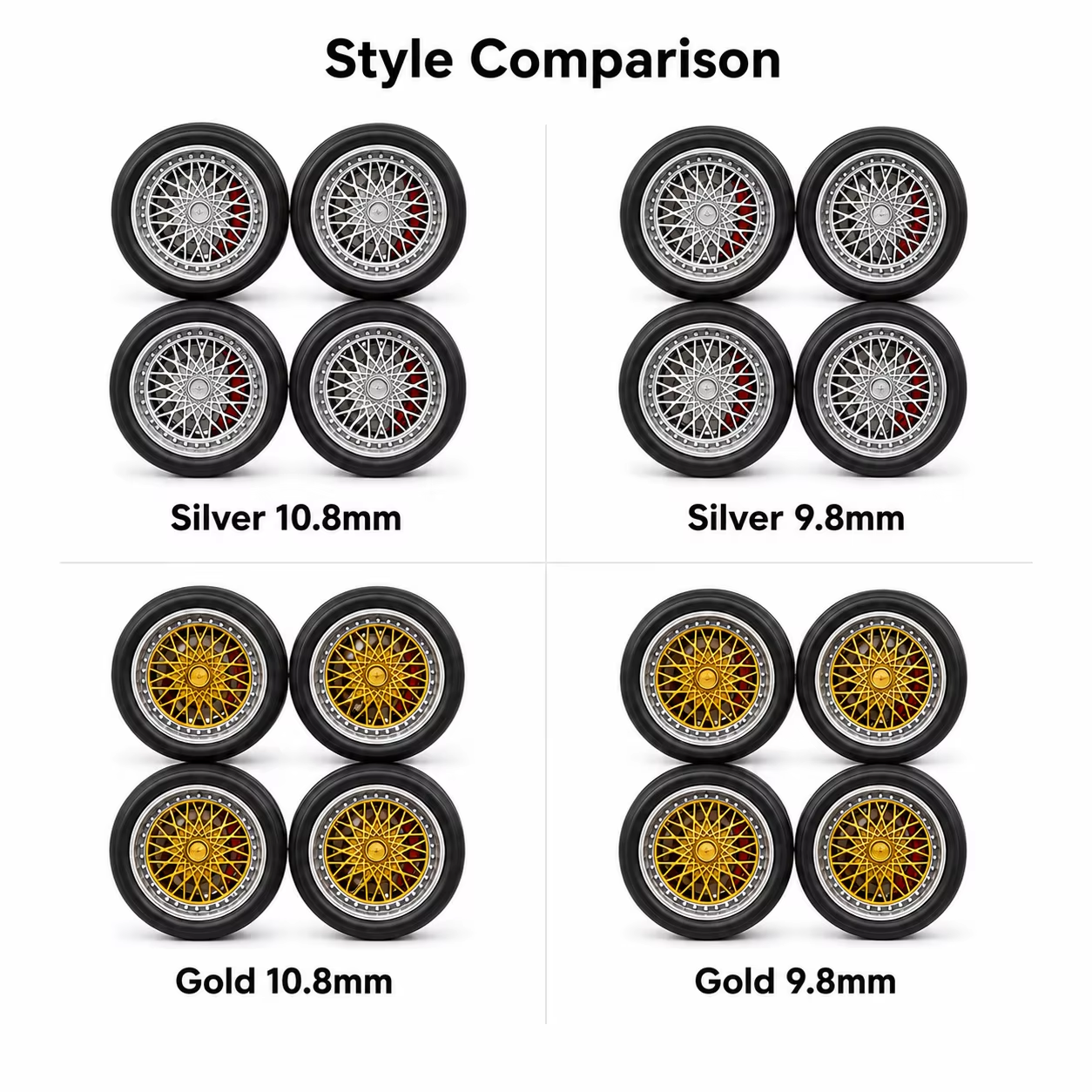 Style comparison of silver and gold 9.8mm and 10.8mm wheel and tire sets for 1:64 model cars