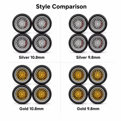 Style comparison of silver and gold 9.8mm and 10.8mm wheel and tire sets for 1:64 model cars
