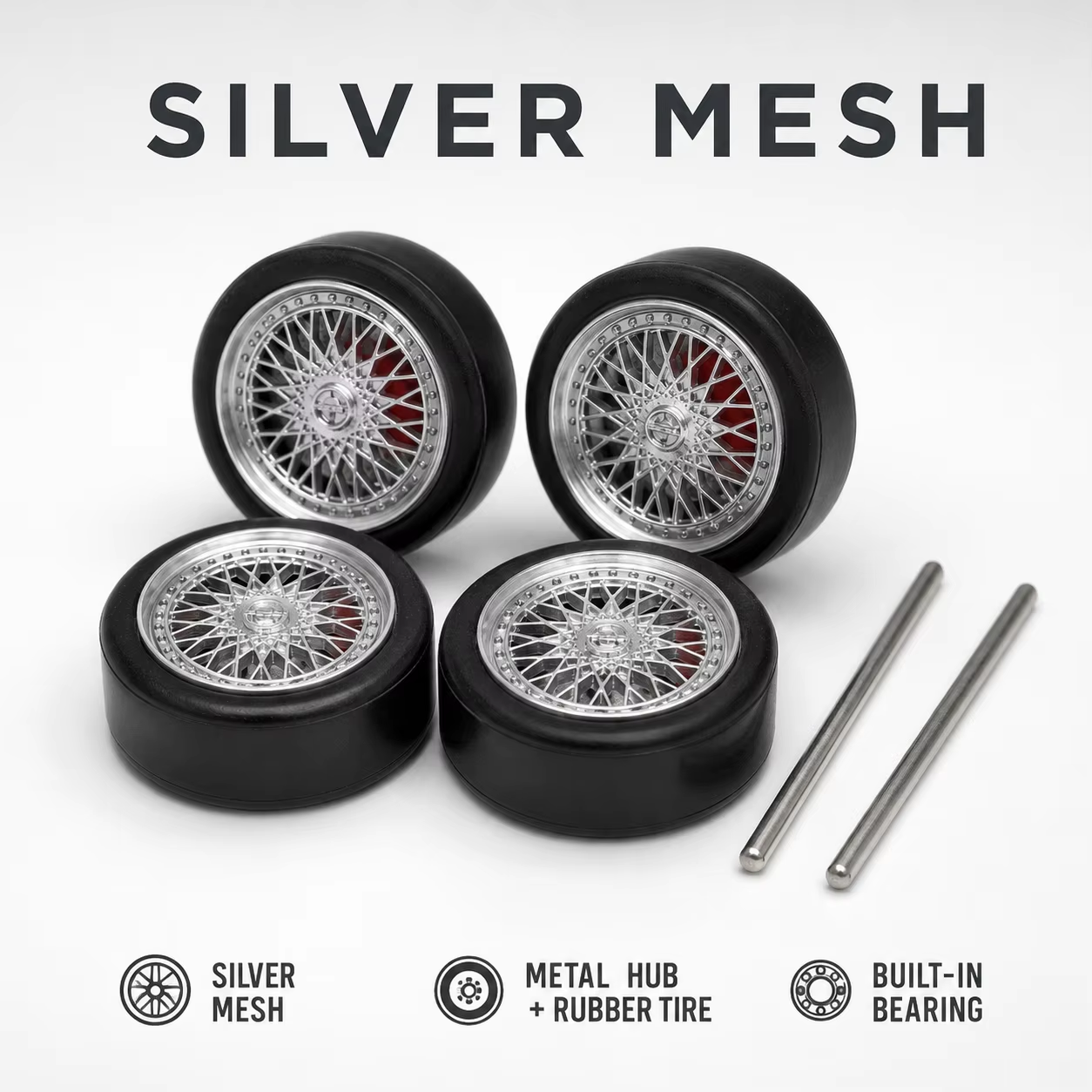 Silver mesh wheel with metal hub, rubber tire and built-in bearing