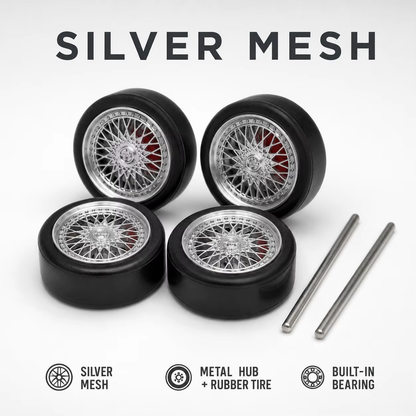 Silver mesh wheel with metal hub, rubber tire and built-in bearing