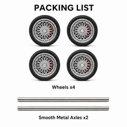 Packing list for 1:64 model car wheel set showing 4 wheels and 2 smooth metal axles